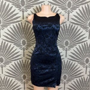 Vtg Floral Halter Mini Dress Jacquard Sleeveless Sz M Navy Blue Y2K 90s Prom